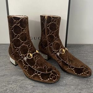 Gucci GG Brown Velvet Crystal Embellished Ankle Boots/Bootie